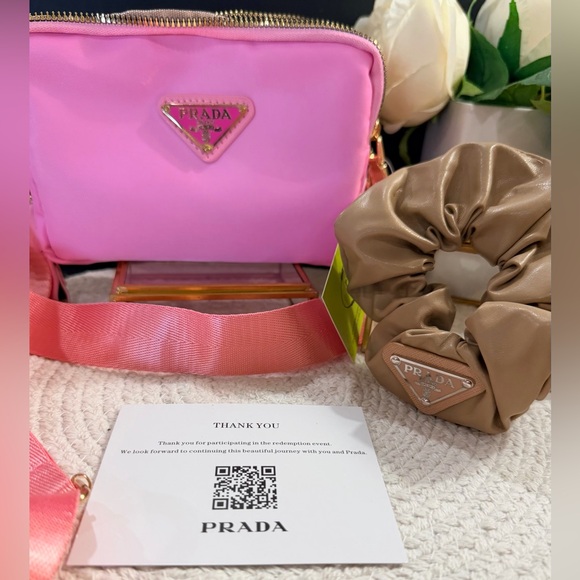 Prada Novelty/GWP Pink Crossbody Bag with Novelty Tan Scrunchie - NWT - Picture 13 of 13
